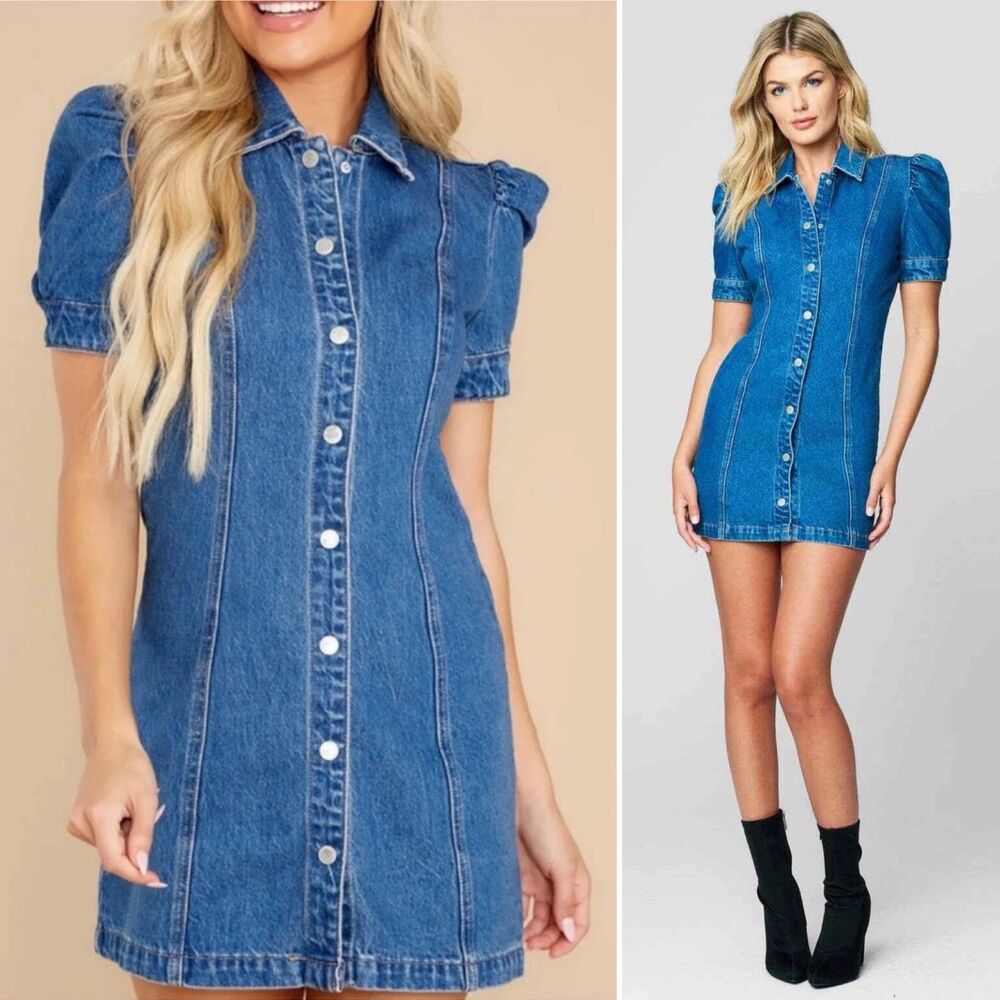 Anthropologie BlankNYC Puff Sleeve Denim Button Up Mini Dress S